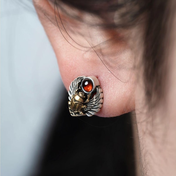 Scarab Stud Earrings, Brass & Silver Egyptian Amulet Jewelry