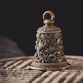 Dragon Gurdian Bell in Brass, Vintage Decor Bells Keychain w Key Ring for Car Home Office, Motorcycle Bell, Amulet Keychain