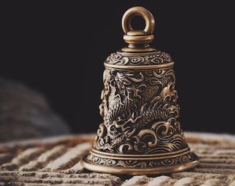 Dragon Gurdian Bell in Brass, Vintage Decor Bells Keychain w Key Ring for Car Home Office, Motorcycle Bell, Amulet Keychain