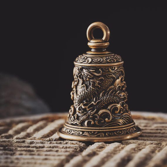 Brass Dragon Motorcycle Bell, Vintage Chinese Inspired Amulet Keychain, Protective Charm Accessory