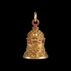 Lion-Biting Sword Bell in Brass with Copper Inlay. Amulet Keychain. Motorcycle Bells. Gift for Him/Her. Oriental Art. Ride Safe Keychain