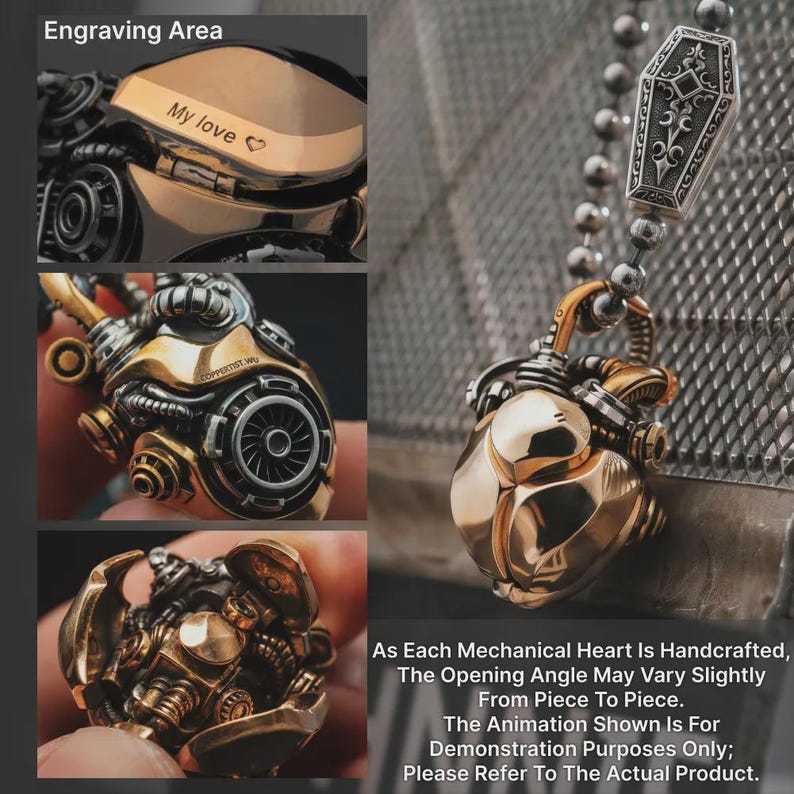 Mechanical Heart Pendant, Steampunk Jewelry, Anatomical Heart Necklace, Personalized Engraving, Gifts for Women Men image 9