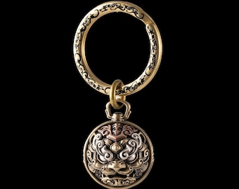 TaoTie Tiger Bell In Brass. Amulet Keychain. Gremlin Bells. Gift for Motorcycle Guy/ Girl. Oriental Art. Ride Safe