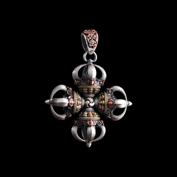 Oxidized Silver Tibetan Vajra Cross Pendant, Spiritual Jewelry, Oriental Art, Buddhist Protection Talisman