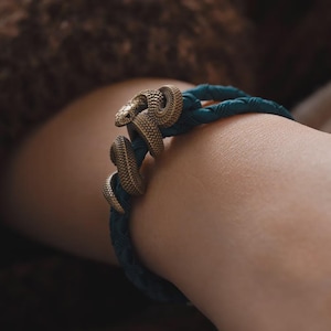 Black Mamba Rope Bracelet, Brass Snake Clasp, Handmade Jewelry, Gifts for Snake Lovers