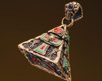 Oracle Pyramid Pendant, Brass Egyptian Divination Necklace, Eye of Horus Amulet, Gifts for Men, Anxiety Relief Jewelry