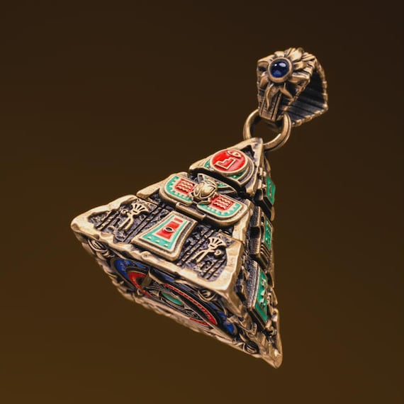 Oracle Pyramid Pendant, Brass Egyptian Divination Necklace, Eye of Horus Amulet, Gifts for Men, Anxiety Relief Jewelry