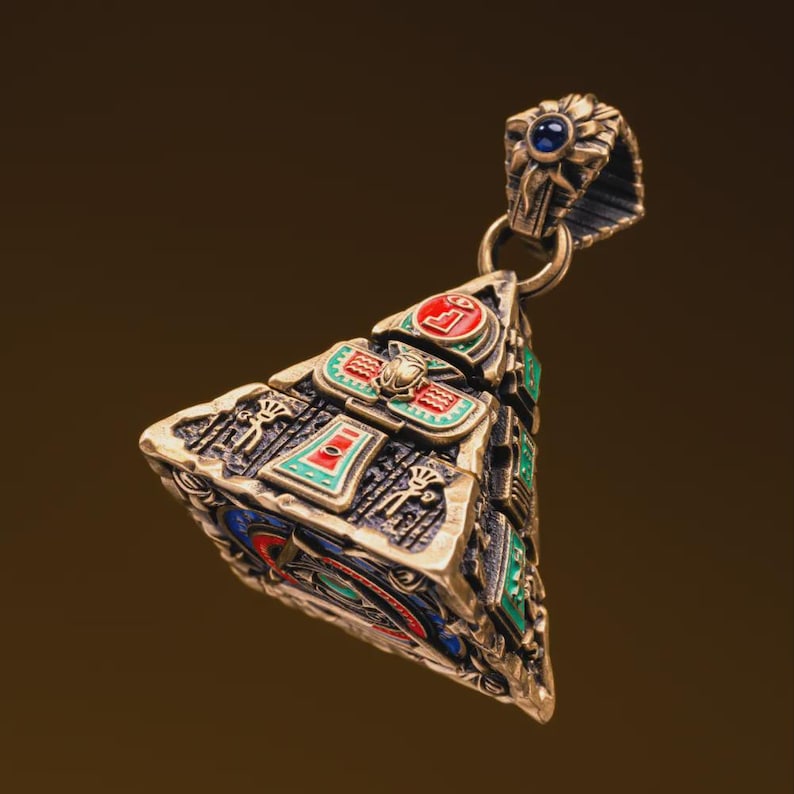 Oracle Pyramid Pendant, Brass Egyptian Divination Necklace, Eye of Horus Amulet, Gifts for Men, Anxiety Relief Jewelry image 1