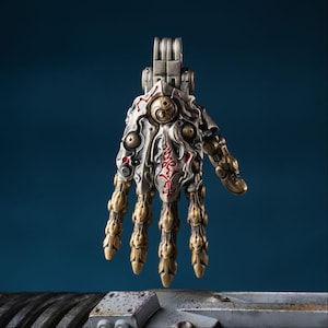 Taoist Mechanical Hand Pendant in White Bronze & Brass, Cinnabar Jewelry Gift for Men, Stocking Stuffer Ideas