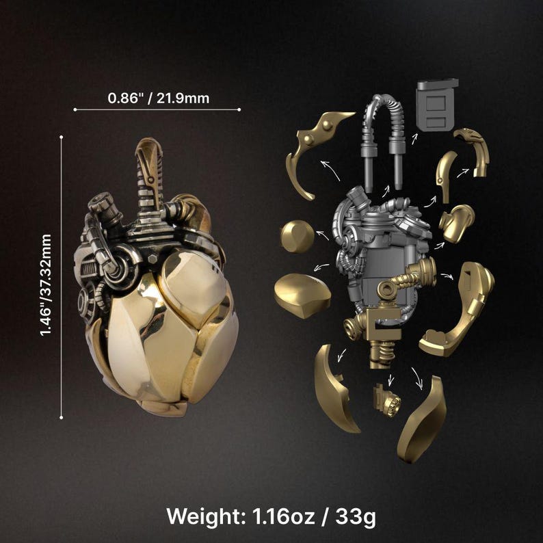 May include: A mechanical heart pendant with gold and silver metallic finishes, shown assembled and as individual components. The assembled piece measures 0.86 inches by 1.46 inches and has a total weight of 1.16 ounces. The design features intricate pipes, gears, and plates.