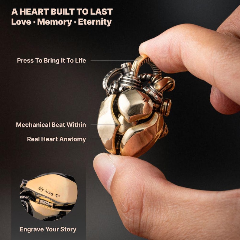 May include: A metallic anatomical heart pendant with gold and silver tones, featuring mechanical details and a loop at the top. Text reads: A HEART BUILT TO LAST, Love, Memory, Eternity, Press To Bring It To Life, Mechanical Beat Within, Real Heart Anatomy, Engrave Your Story, My love.