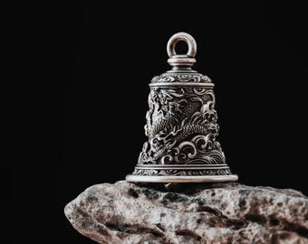 Custom Oxidized Silver Dragon Bell, Motorcycle Bells, Ride Safe Keychain, Gremlin Bell for Biker