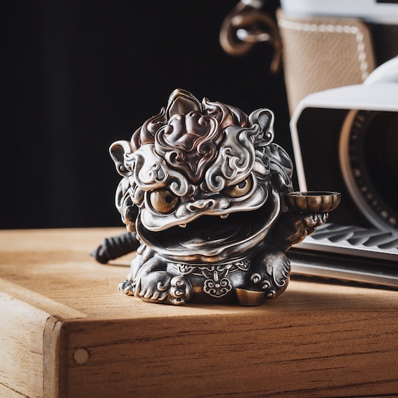 Custom Oxidized Silver Pixiu Statue. Desk Decor. Antique