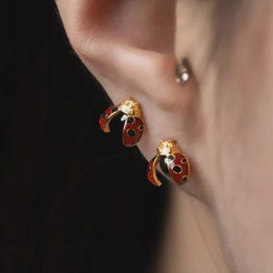 Puede incluir: Dos pequeños pendientes de botón con forma de mariquita, con cuerpos de metal en tono dorado, alas de esmalte rojo vibrante y puntos negros. Los diseños de mariquita están detallados con pequeños acentos dorados en la cabeza y las alas.