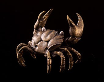 May include: A detailed bronze crab sculpture with raised claws and textured body. The crab is set against a black background, highlighting its intricate design and metallic finish. This decorative piece captures the essence of marine life.