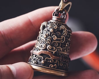 Oriental Patterned Bell, Bronze Keychain Amulet, Ride Safe Keychain Pendant, Gift for Him