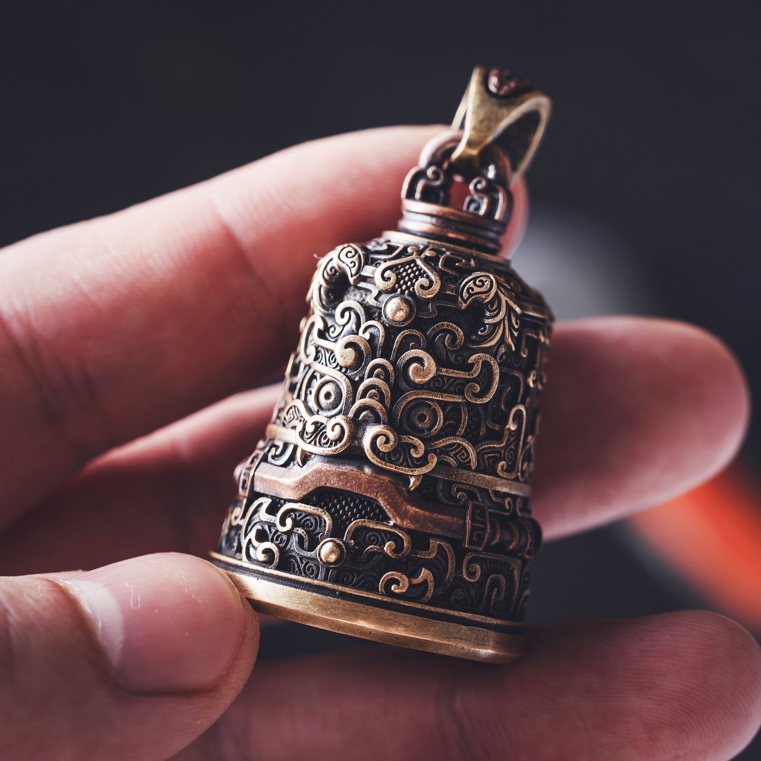 Oriental Patterned Bell.ancient Bronze Etchings Bell.bronze Keychain ...
