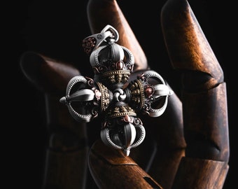 Oxidized Silver Tibetan Vajra Cross Pendant, Spiritual Jewelry, Oriental Art, Buddhist Protection Talisman