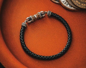 Vajra Leather Bracelet. Black Braided Leather Strap. Tibetan Leather Cord Bracelet. Vajra Dorje Amulet Charm. Gift for Him/Her