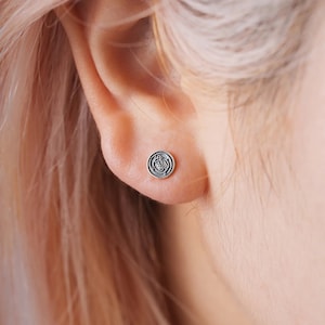 May include: A pair of silver stud earrings with a small, circular design. The earrings are worn in the wearer's earlobes.
