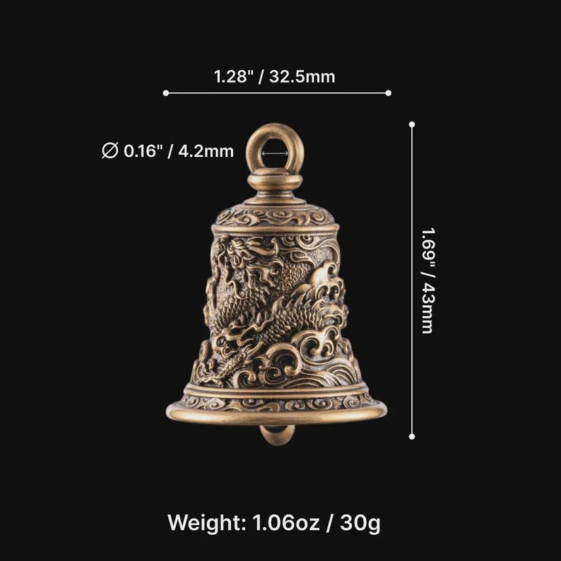 May include: Bronze-colored bell with intricate dragon and wave designs. The bell is 1.69 inches (43mm) tall and 1.28 inches (32.5mm) wide. It weighs 1.06 ounces (30g). The bell has a loop at the top for hanging.