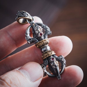 Oxidized Silver Vajra Pendant With Ruby Gemstone. Lucky Pendant. Handmade Gift. Gift for Him. Oriental Art. Buddhism, Tibetan Jewelry