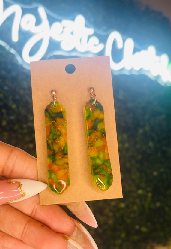 Emerald and Gold clay earrings, Green statement earrings, fashion earrings
