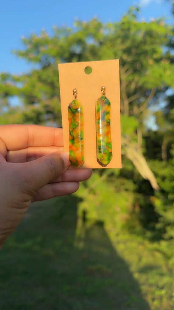Handmade Emerald Gold Polymer Clay Dangle Earrings