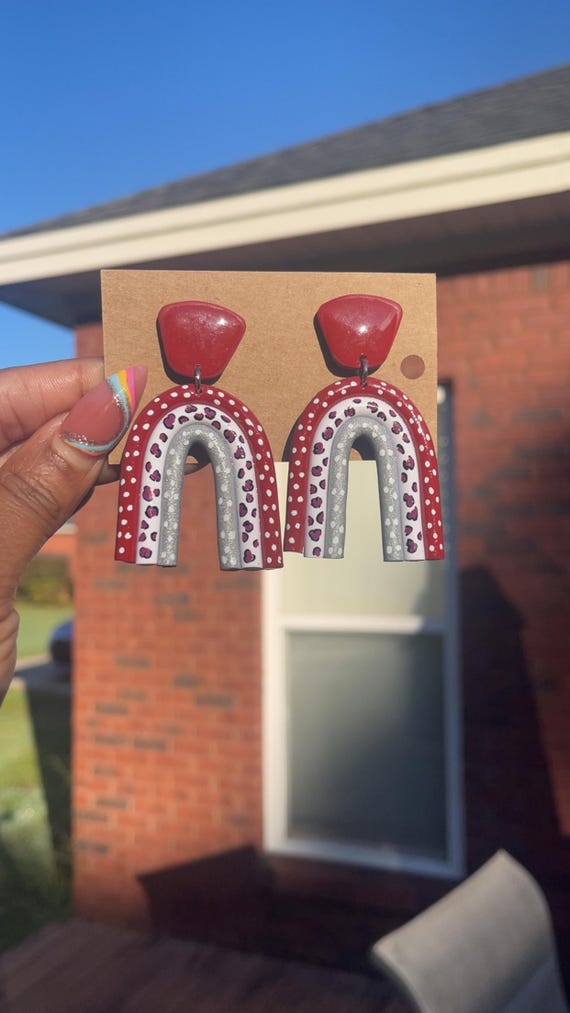 Handmade Alabama Crimson, white, grey, polymer clay-inspired earrings- Women's fashion earrings