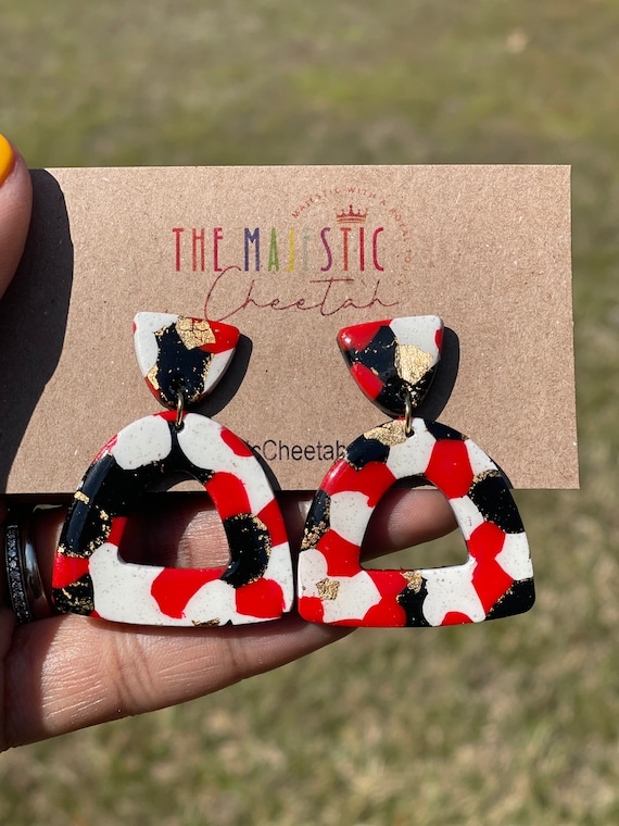 Red Black Gold Marbled Dangle Earrings – Lightweight Polymer Clay Drop Earrings – Statement Handmade Jewelry – Gift for Her