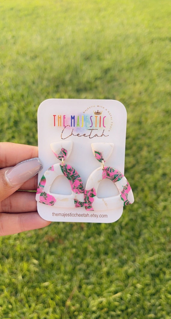 Marbled pink, green, and white handmade earrings, AKA inspired