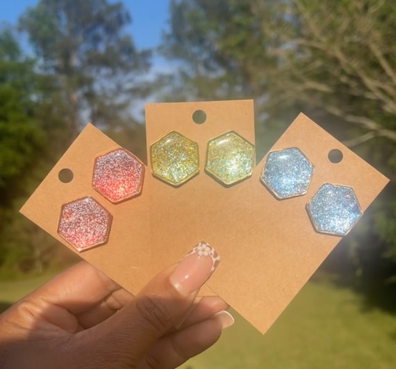 Glitter Hexagon Stud Earrings – Sparkly Polymer Clay Statement Earrings – Lightweight Fashion Jewelry – Gift for Her