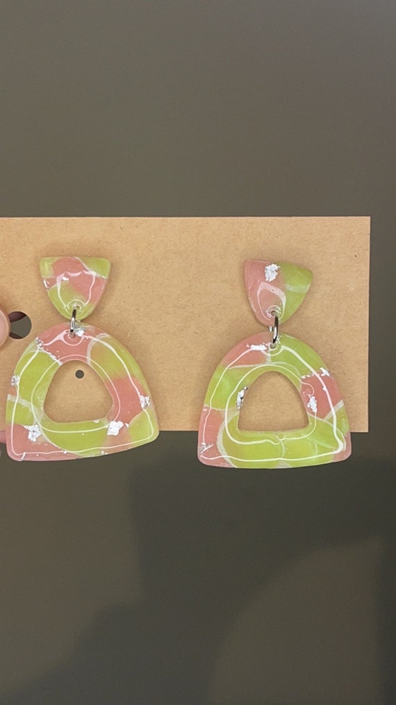 Green and pink marbled dangled polymer clay earrings, AKA inspired