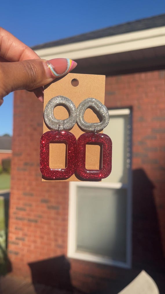 Crimson and silver glitter dangle fashion earrings for women, game day earrings, statement earrings