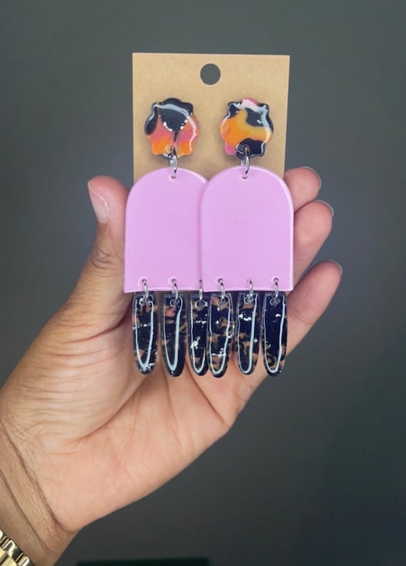 Oh love me lavender midnight dangled earrings, statement earrings, clay earrings