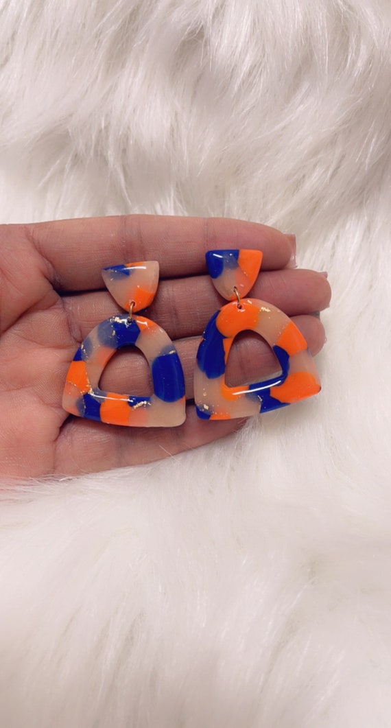 Blue and Orange Marbled Dangle Earrings – Auburn Tigers Inspired Jewelry – Lightweight Polymer Clay Game Day Earrings – Gift for Her