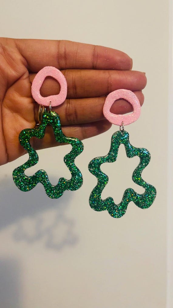 Pink and Green Glitter Resin Earrings - Handmade Statement Dangle Earrings - Lightweight Sparkle Jewelry for Women