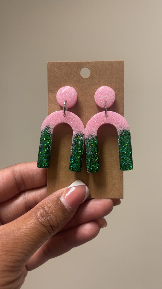 Pink/Green Earrings – Alpha Kappa Alpha Sorority Jewelry – Pink and Green Clay Studs with Pearls – Handmade Soror Gift for Her
