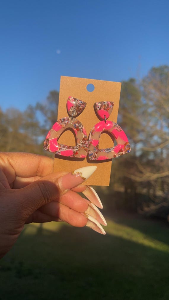 Handmade Pink- Glitter Arch Polymer Clay Earrings | Bold Statement Earrings for Trendy Women