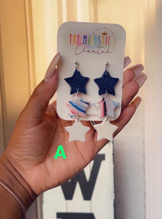 4th of July, Patriotic, Independence Day, Red, white and blue stars dangle earrings