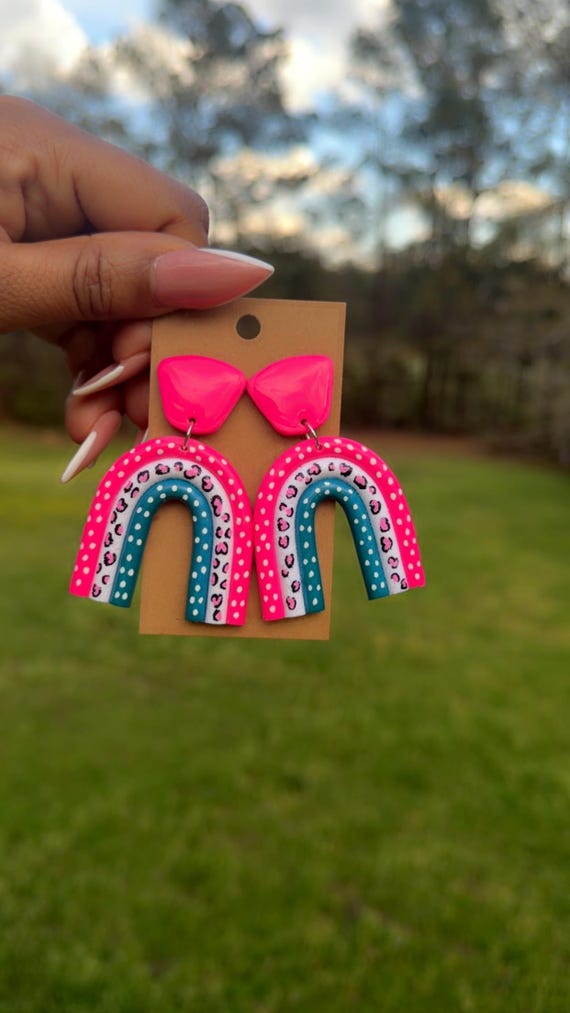 Handmade hot pink, white, and teal  polymer clay earrings