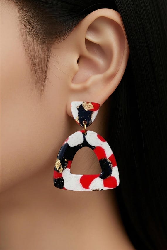 Red Black Gold Marbled Dangle Earrings – Lightweight Polymer Clay Drop Earrings – Statement Handmade Jewelry – Gift for Her