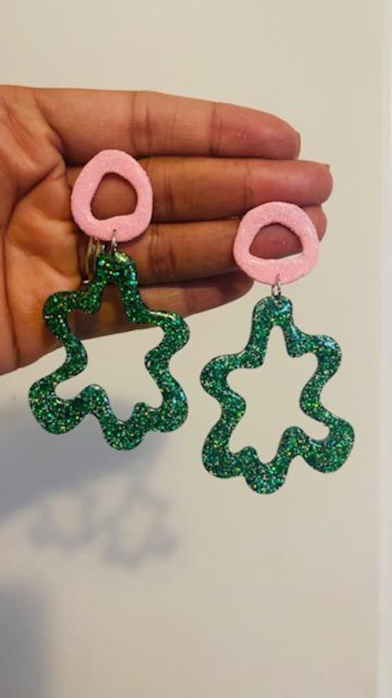Pink and Green Glitter Resin Earrings - Handmade Statement Dangle Earrings - Lightweight Sparkle Jewelry for Women
