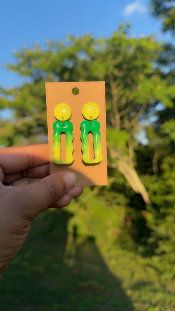 Green Ombre Polymer Clay Earrings | Handmade Statement Dangles | Lightweight Modern Earrings