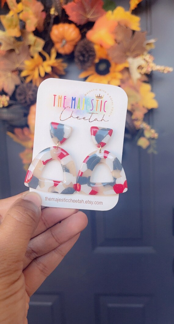 Crimson, white, and gray marbled earrings