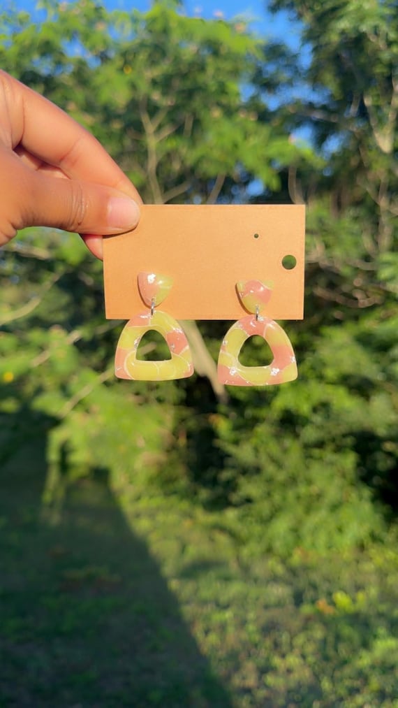 Green and pink marbled dangled polymer clay earrings, AKA inspired