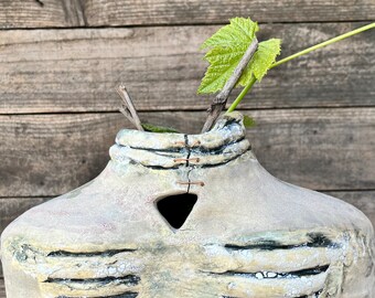 Unique handmade sculptural ceramic vase torso rib cage texture
