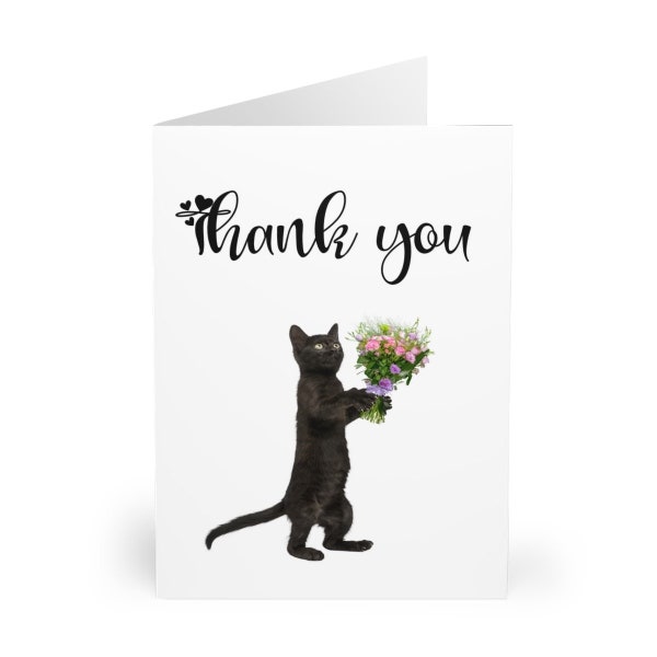 Thank you card with black cat and flowrs for cat lover or teacher assistant