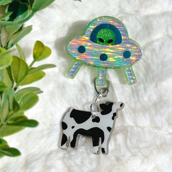 The Original UFO Alien Cow Abduction Funny Retractable Badge Reel Glow in the Dark | Gifts for Coworkers, Nurses & the Space Alien Obsessed
