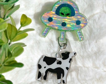 The Original UFO Alien Cow Abduction Funny Retractable Badge Reel Glow in the Dark | Gifts for Coworkers, Nurses & the Space Alien Obsessed